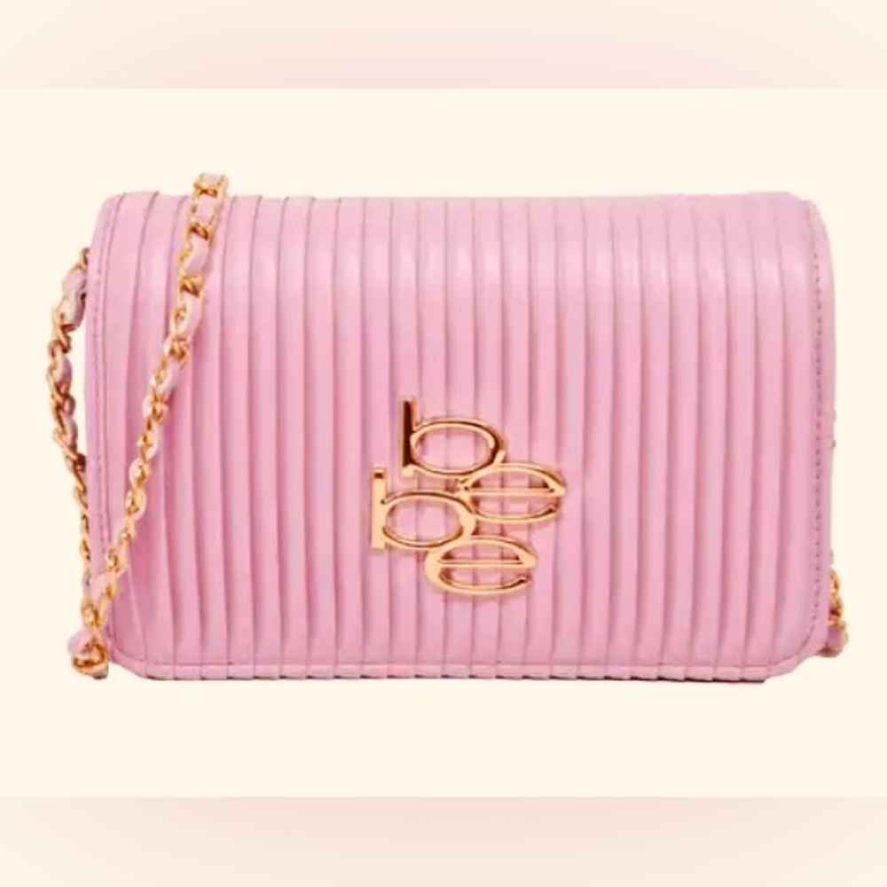 Bebe Nadine Pleats Flap Crossbody Bag Purse Pink Logo 7.5x5x2 Clutch - NWT